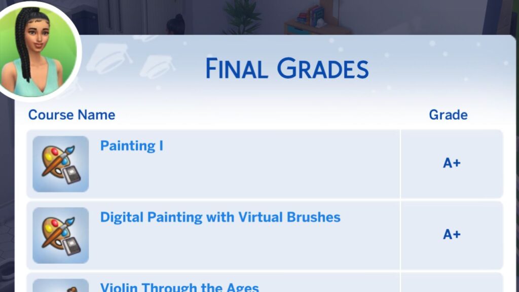 A screenshot from The Sims 4 showing a sim getting an A+ grade in University
