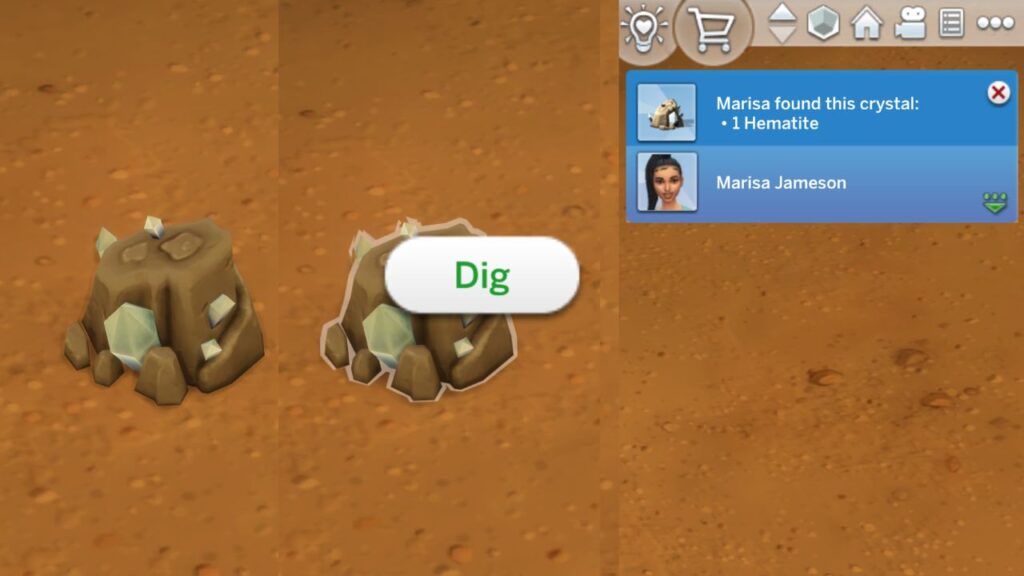 A screenshot from The Sims 4 showing the type of rock to find a crystal and how to dig it