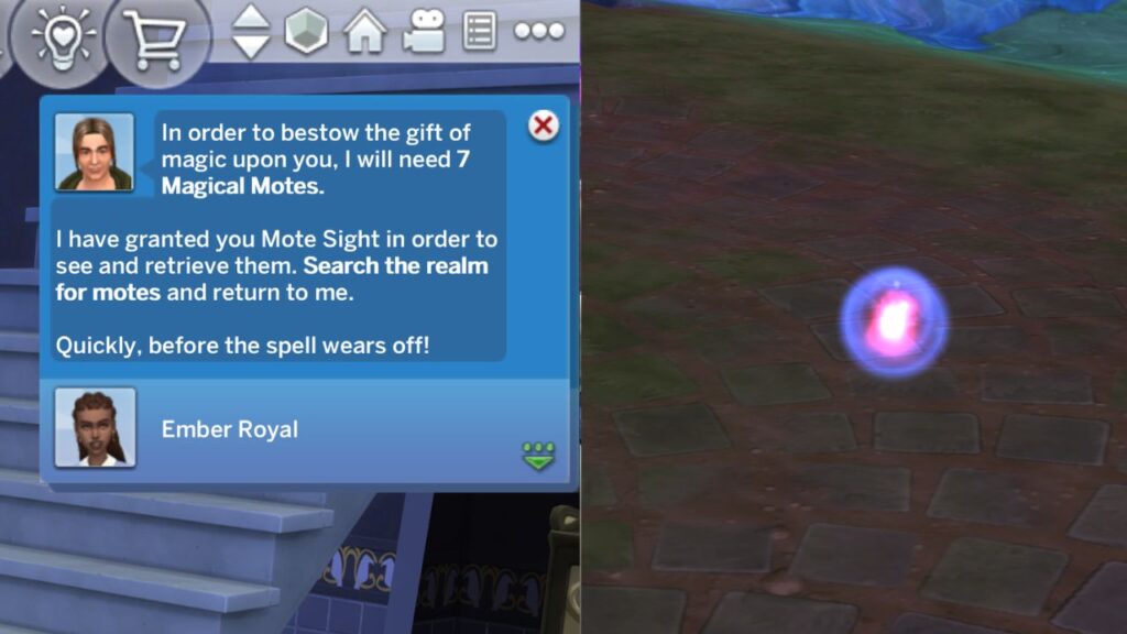 A screenshot from The Sims 4 showing the magical motes you find to be given magical abilities