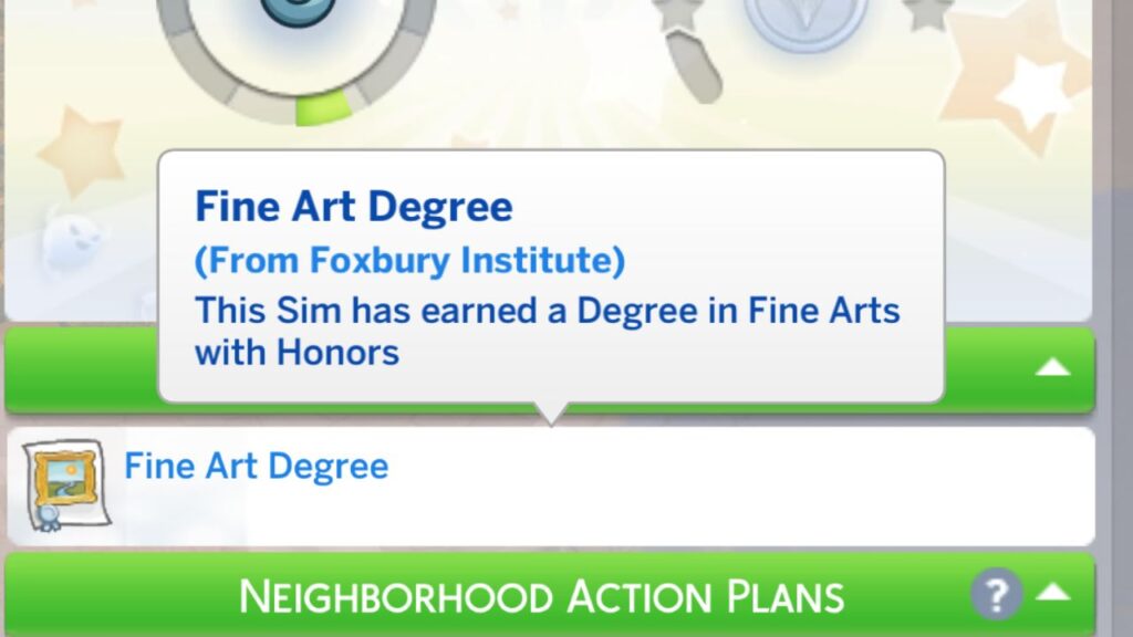 A screenshot from The Sims 4 showing a sim's fine art degree in their simolgy panel