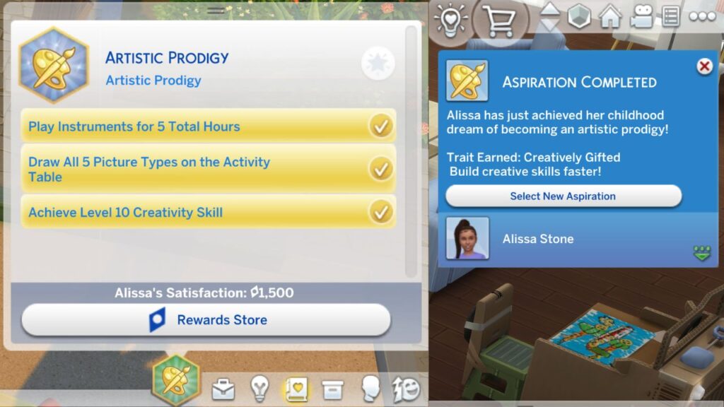 A screenshot from The Sims 4 showing a child who finished an aspiration