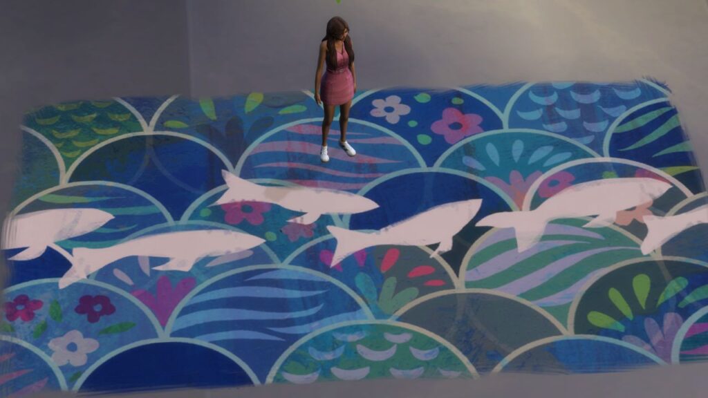 A screenshot from The Sims 4 showing a sim standing on top of a mural they painted