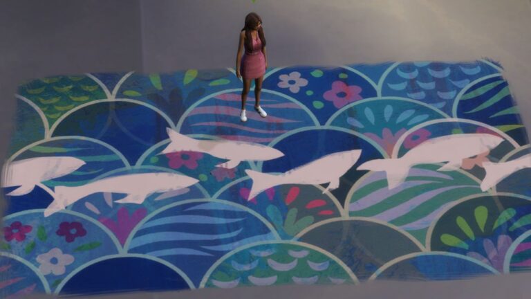 A screenshot from The Sims 4 showing a sim standing on top of a mural they painted