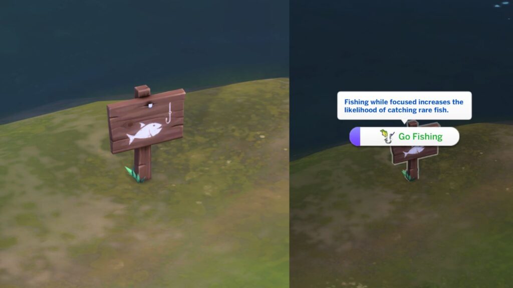 A screenshot from The Sims 4 showing the little fishing spot sign to go fishing