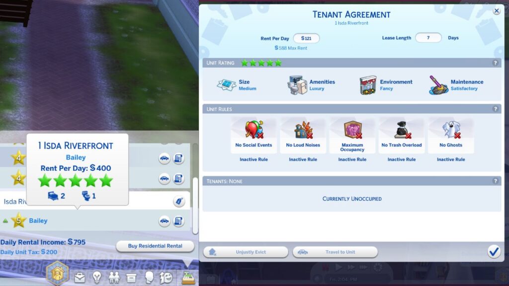 A screenshot from The Sims 4 showing a 5 star rental and tenant agreement