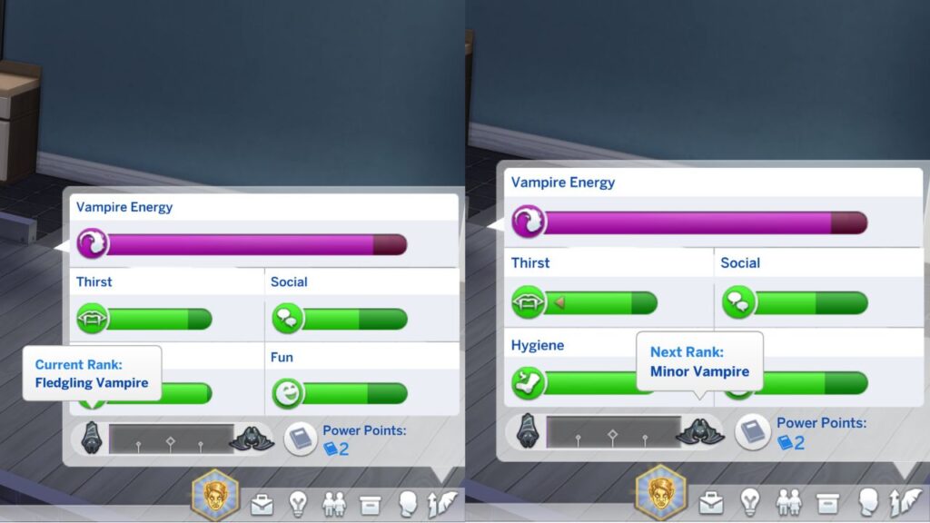 A screenshot from The Sims 4 showing the current rank of fledgling vampire and the next rank of minor vampire. 