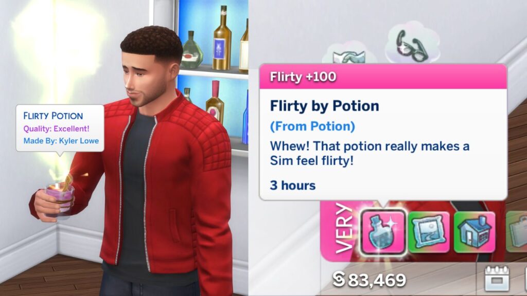 A screenshot from The Sims 4 showing a sim holding a flirty potion and the moodlet they get from drinking it.