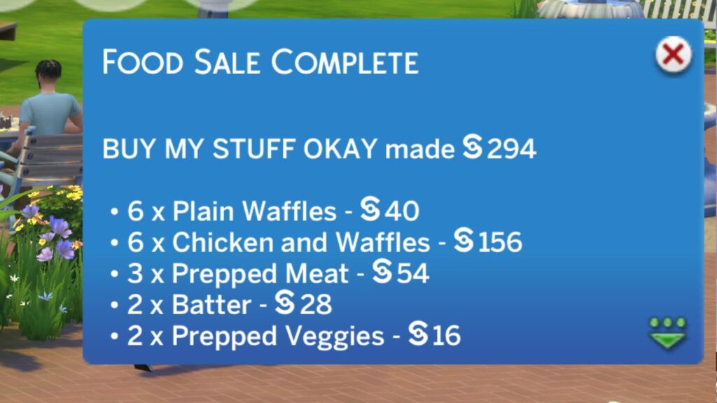 A screenshot from The Sims 4 showing the notification you get after having a food market in the market magnate aspiration
