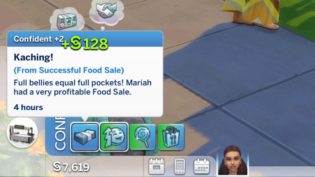 A screenshot from The Sims 4 showing the Kaching! moodlet you get after a profitable food market