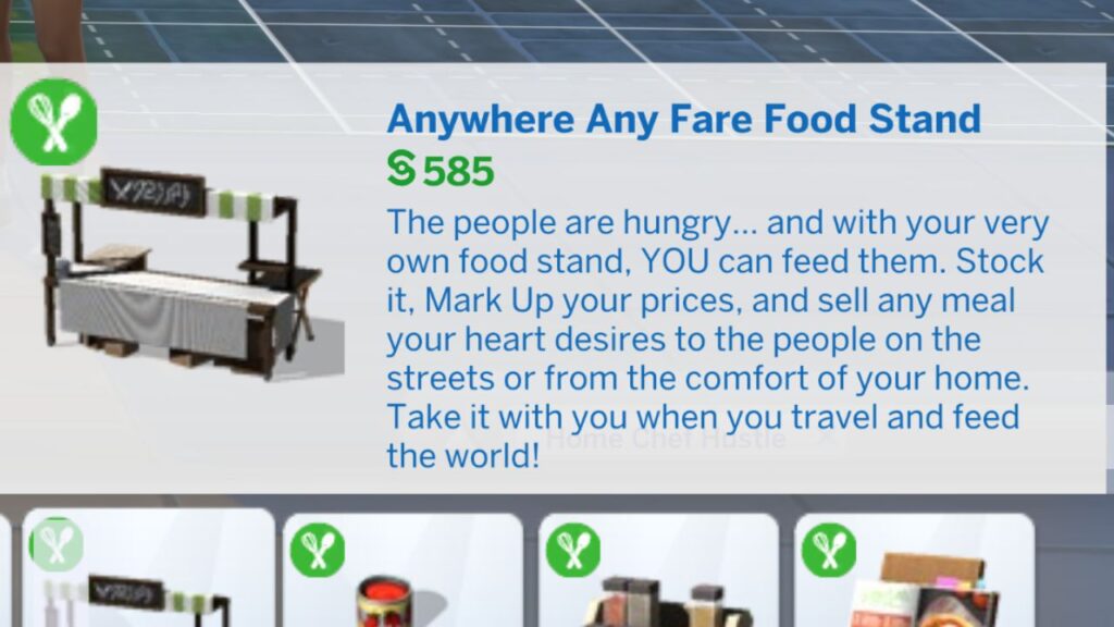 A screenshot from The Sims 4 showing the anywhere any fare food stand build mode