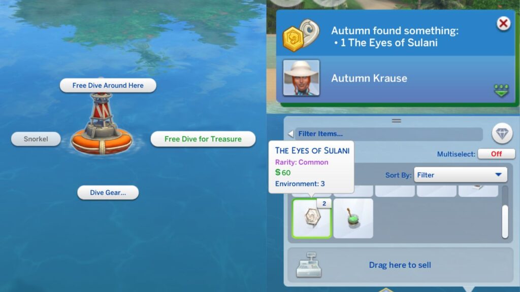 A screenshot from The Sims 4 showing the option to free dive for treasure