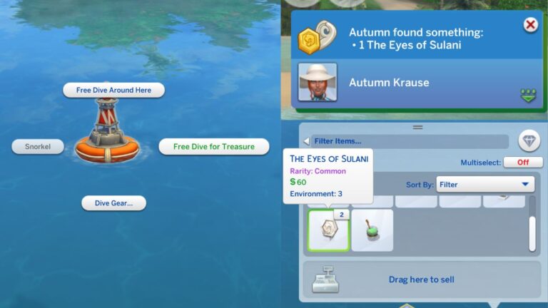 A screenshot from the sims 4 showing a sim diving for treasure