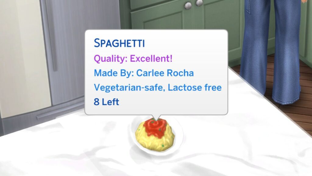 A screenshot from The Sims 4 showing a plate of spaghetti with no spoiling time