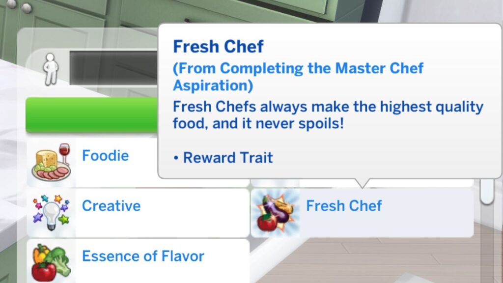 A screenshot from The Sims 4 showing the fresh chef reward trait