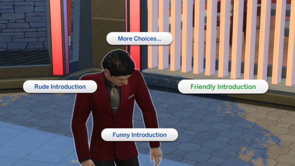 A screenshot from The Sims 4 showing the options for a friendly, funny or rude introduction.