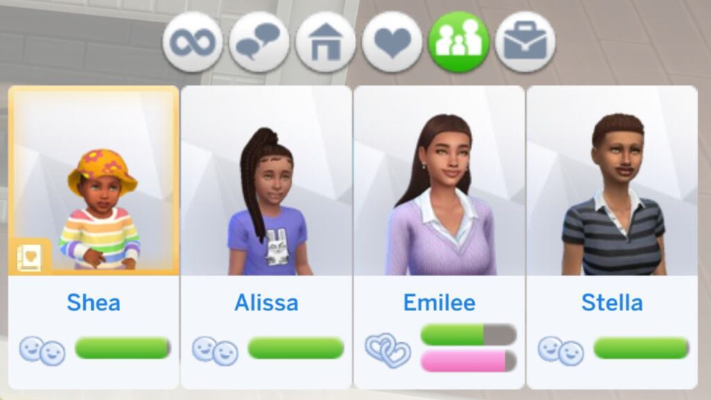A screenshot from The Sims 4 showing a sim's relationship panel with good relationships with all their kids