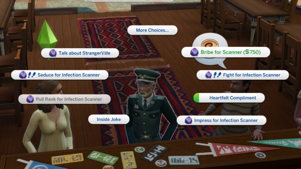 A screenshot from The Sims 4 showing the options to get a scanner from the military 