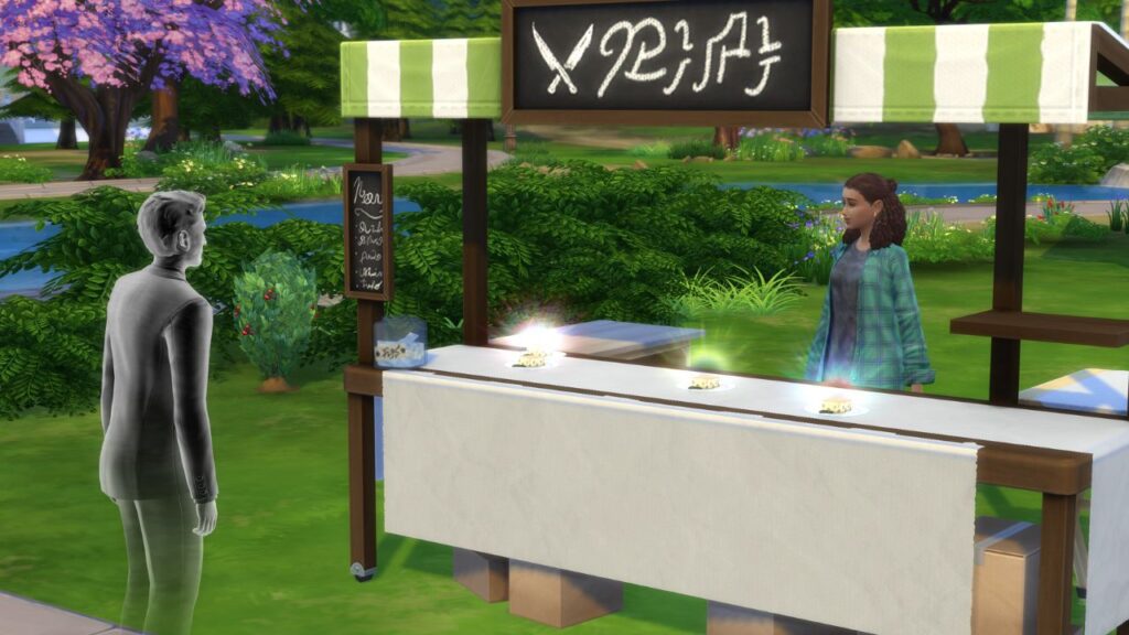 A screenshot from The Sims 4 showing a ghost coming to a food market selling ambrosia