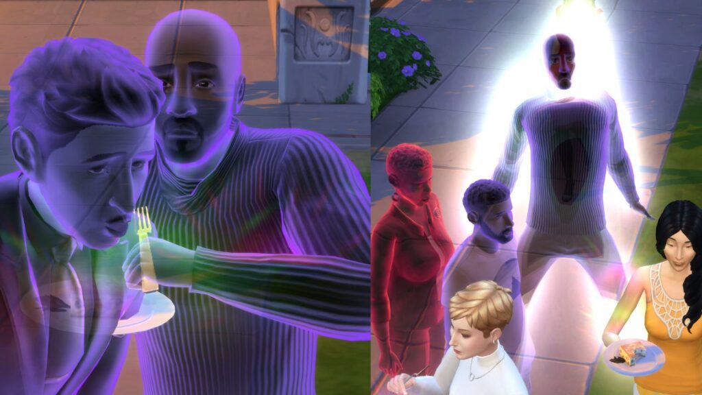 A screenshot from The Sims 4 showing a ghost eating and being resurrected by ambrosia