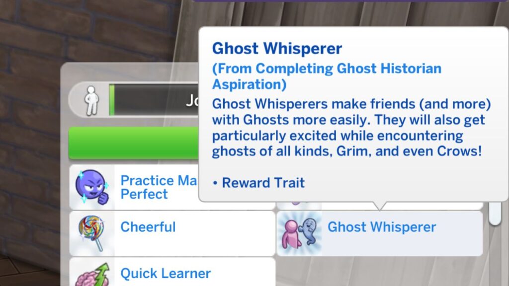 A screenshot from The Sims 4 showing the ghost whisperer reward trait you get from completing the ghost historian aspiration