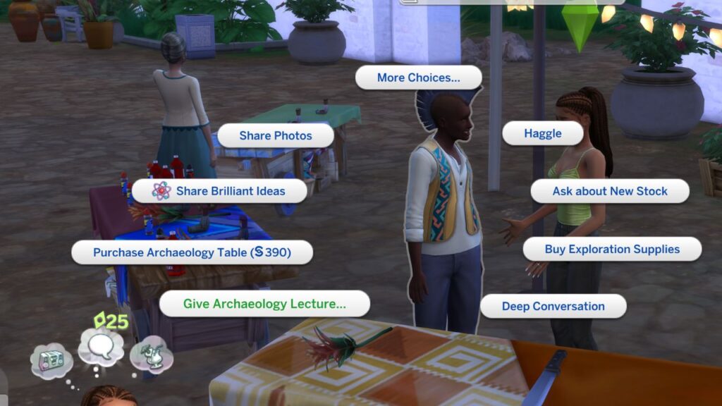 A screenshot from The Sims 4 showing how to give an archaeology lecture to another sim