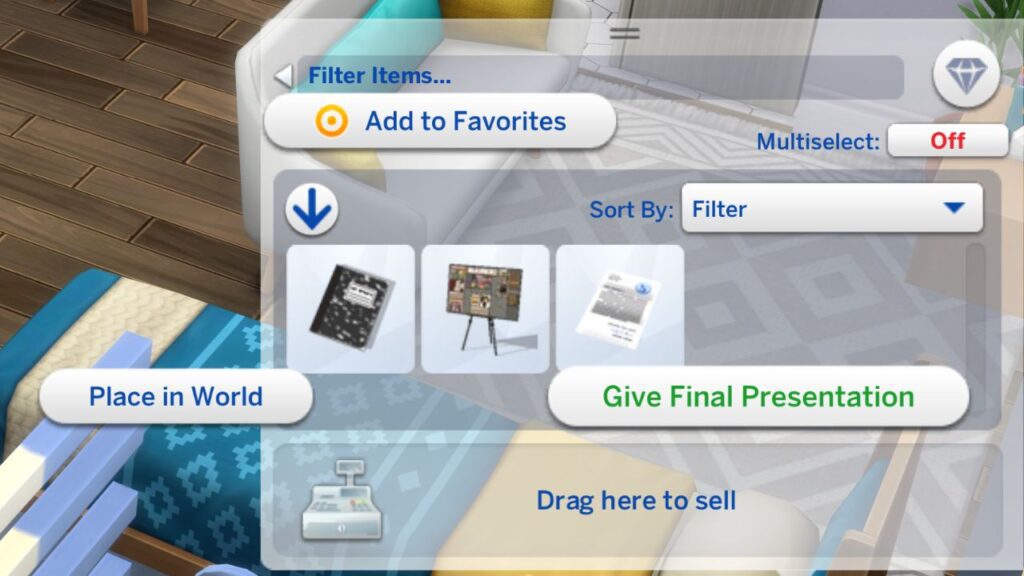 A screenshot from The Sims 4 showing the option to give final presentation in University