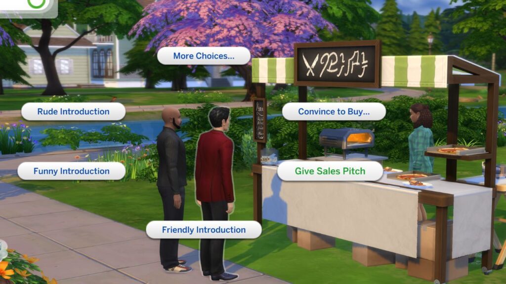 A screenshot from The Sims 4 showing the option to give sales pitch at a food stand