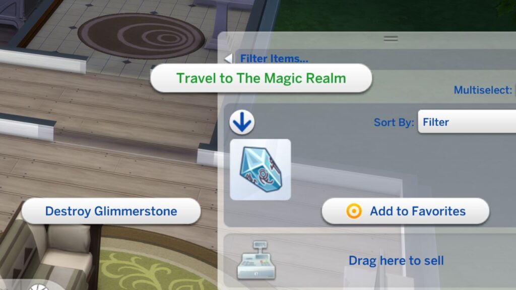 A screenshot from The Sims 4 showing a Glimmerstone in a sim's inventory and Travel to the magic realm highlighted