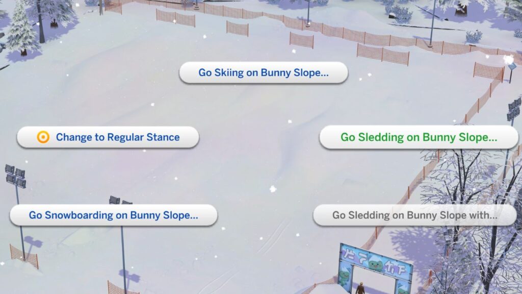 A screenshot from The Sims 4 showing how to go sledding on a bunny slope