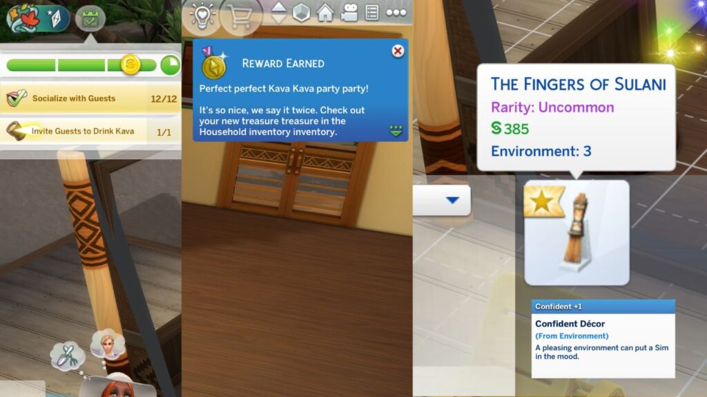 A screenshot from The Sims 4 showing the reward for getting gold at a kava party