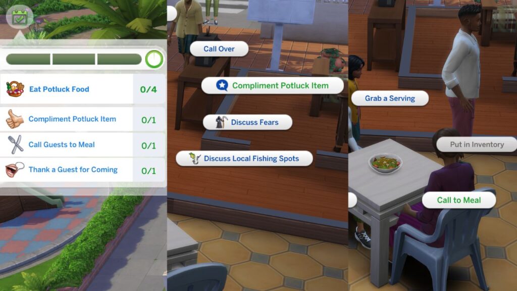 a screenshot from the sims 4 showing the tasks to do for a potluck event