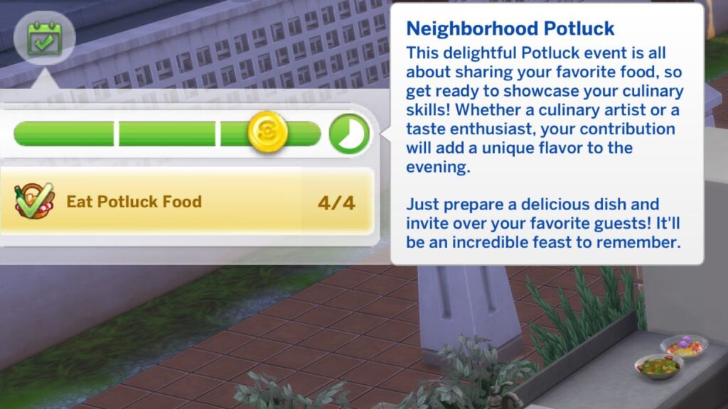a screenshot from the sims 4 showing a sim getting gold at a neighborhood potluck