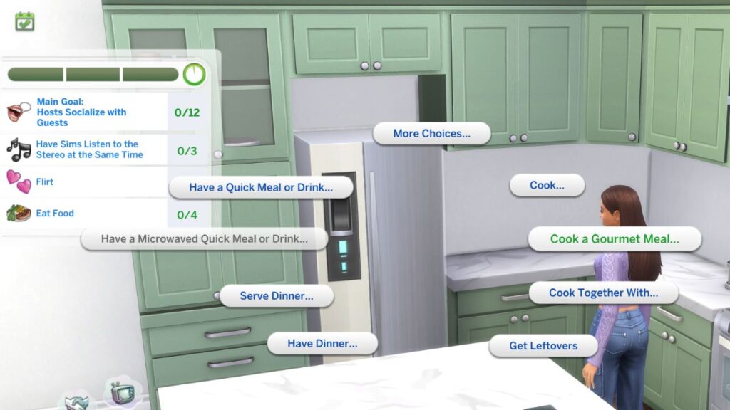 A screenshot from The Sims 4 showing how to cook a gourmet dish at a social event