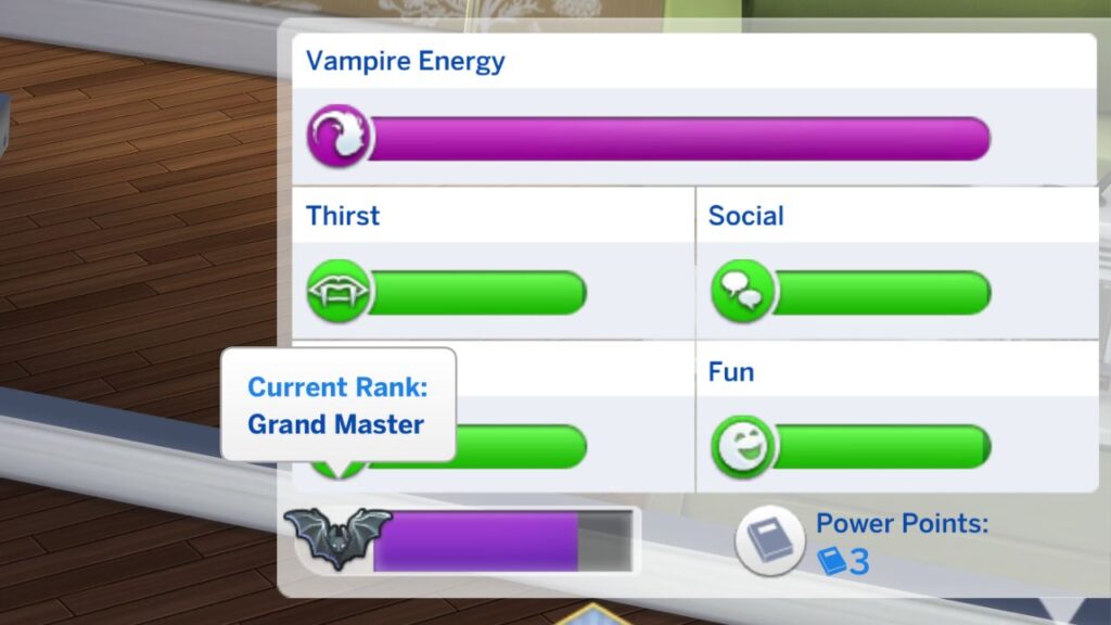 A screenshot from The Sims 4 showing how a sim can super max their vampire rank 