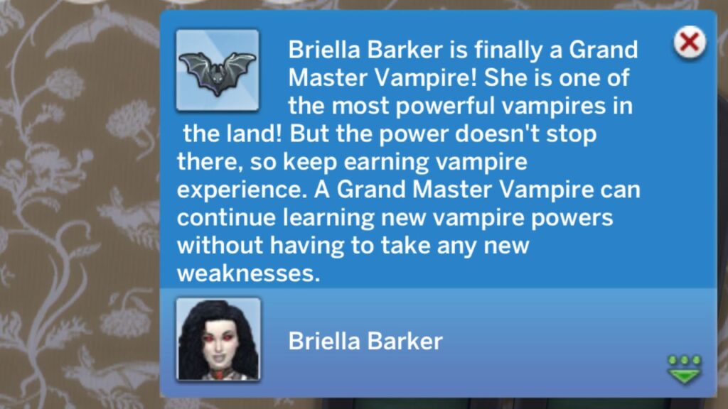 A screenshot from The Sims 4 showing the notification a sim gets when they become a grand master vampire 
