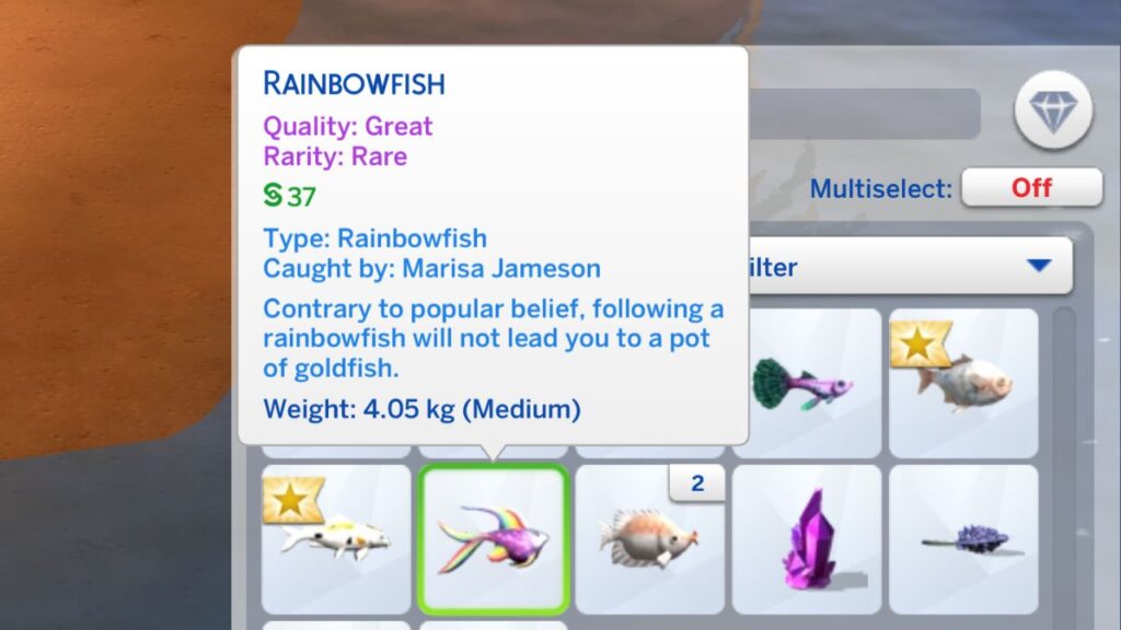 A screenshot from The Sims 4 showing a great quality, rare rainbowfish in a sim's inventory