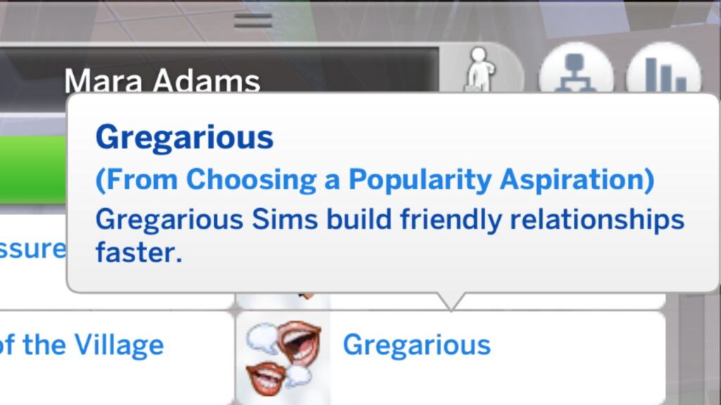 A screenshot from The Sims 4 showing the Gregarious bonus trait