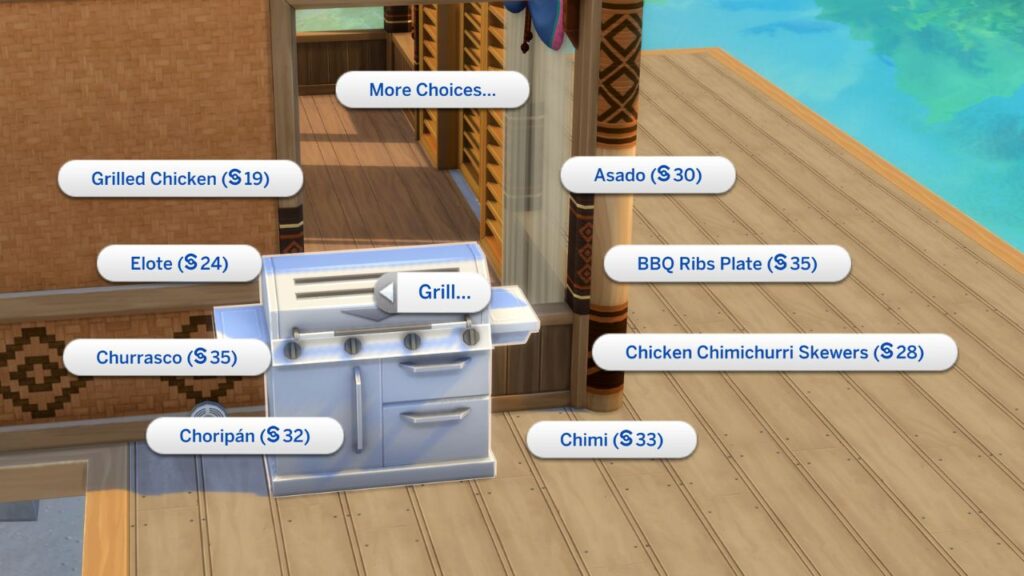 A screenshot from The Sims 4 showing the options for making food on a grill