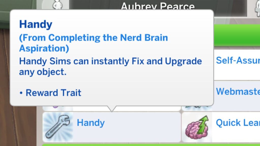 A screenshot from The Sims 4 showing the Handy reward trait from the nerd brain aspiration