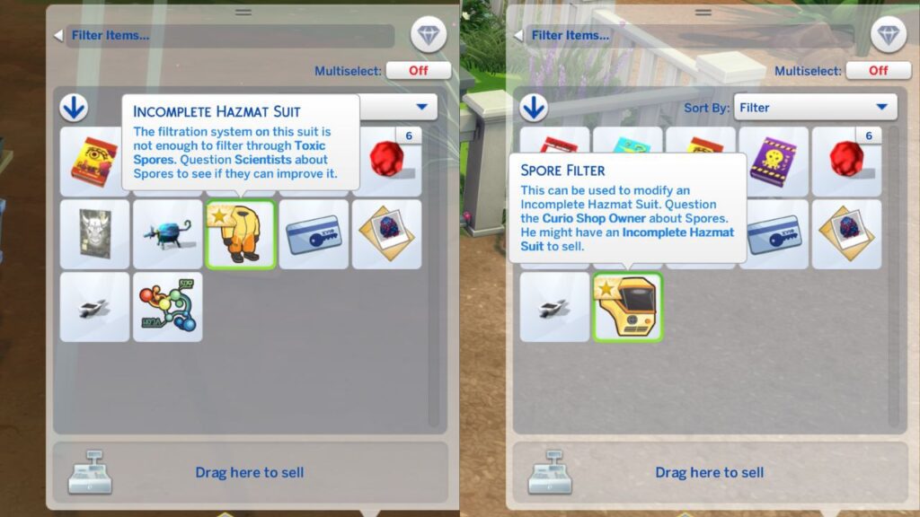 A screenshot from The Sims 4 showing the incomplete hazmat suit and spore filter 