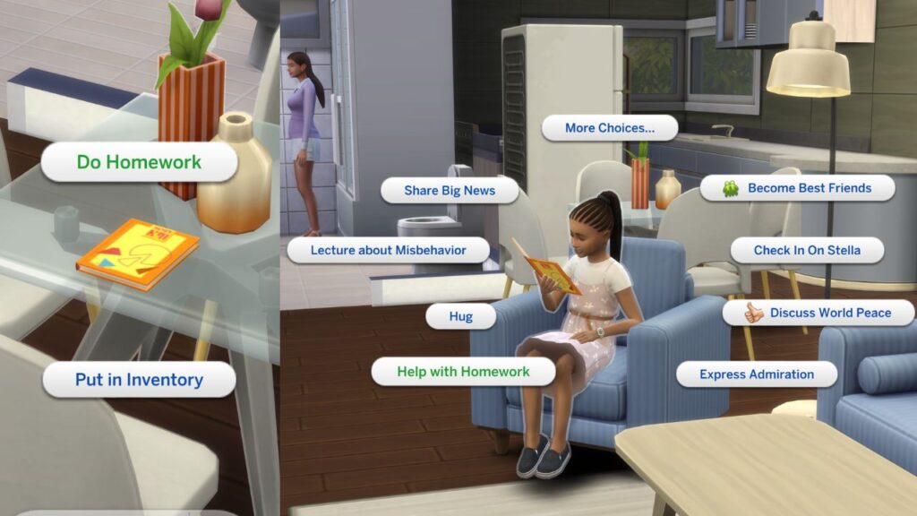 A screenshot from The Sims 4 showing how to help a child with homework