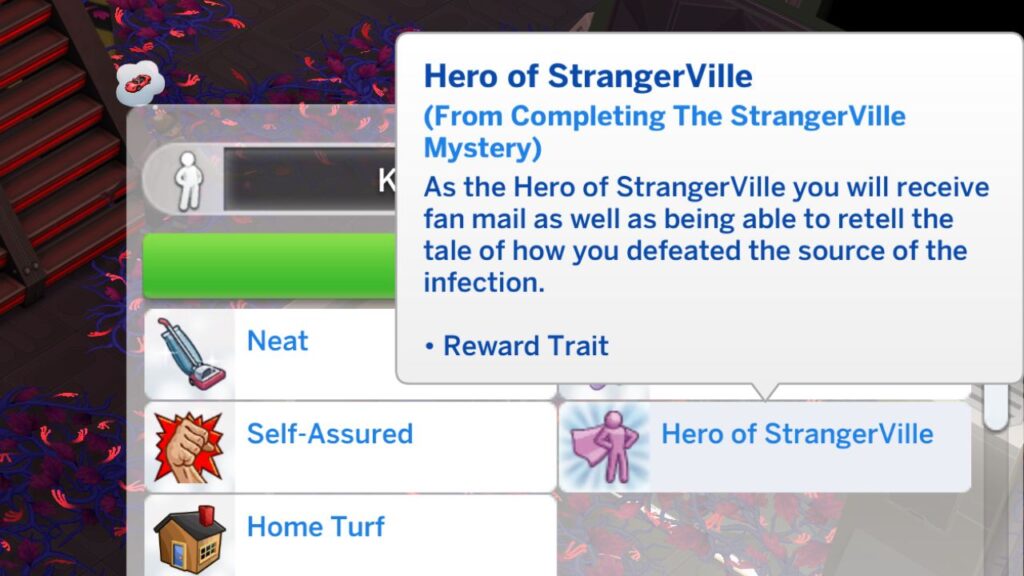 A screenshot from The Sims 4 showing the Hero of StrangerVille reward trait 