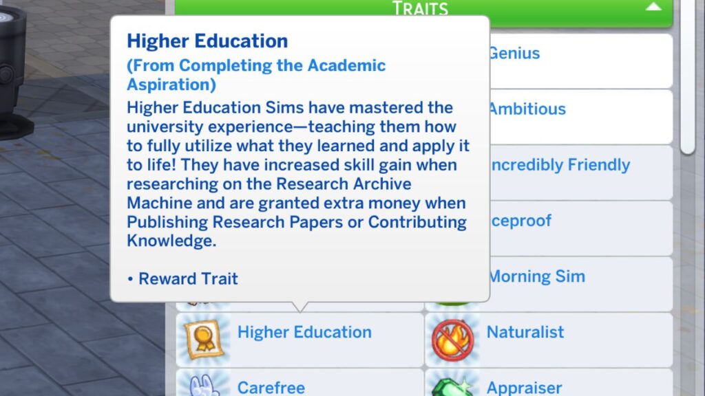 A screenshot from The Sims 4 showing the higher education reward trait that you get when you finish the academic aspiration