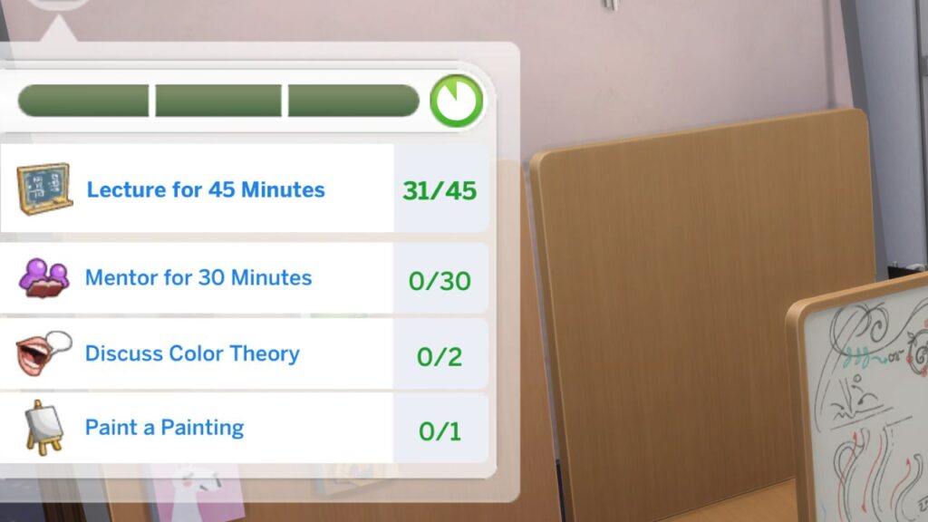 A screenshot from The Sims 4 showing the tasks for a hobby class