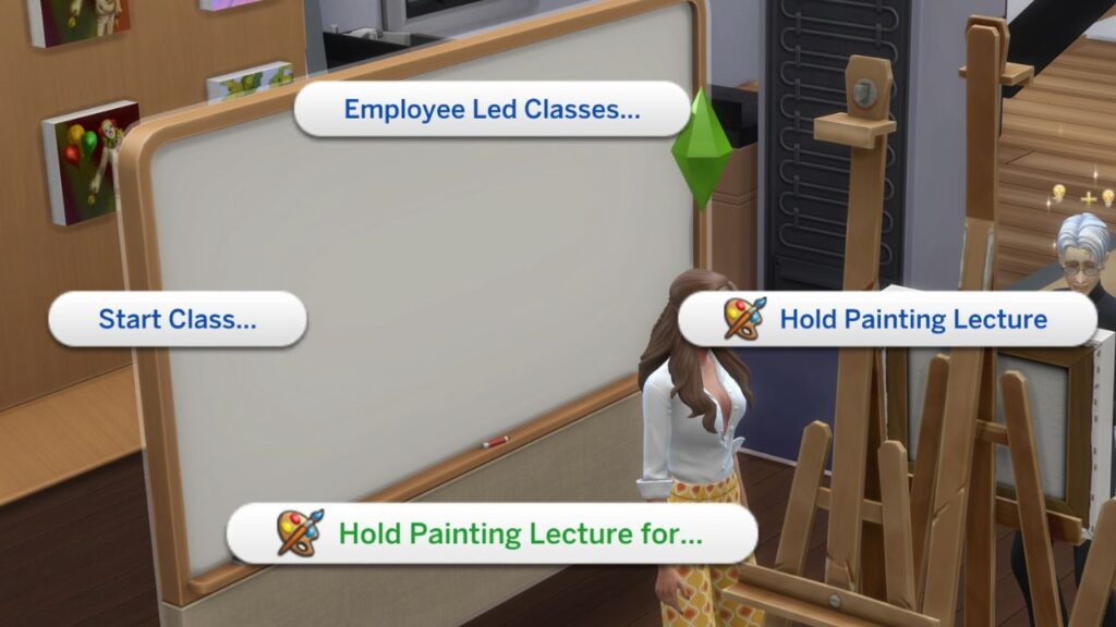 A screenshot from The Sims 4 showing how to hold a painting lecture for other sims