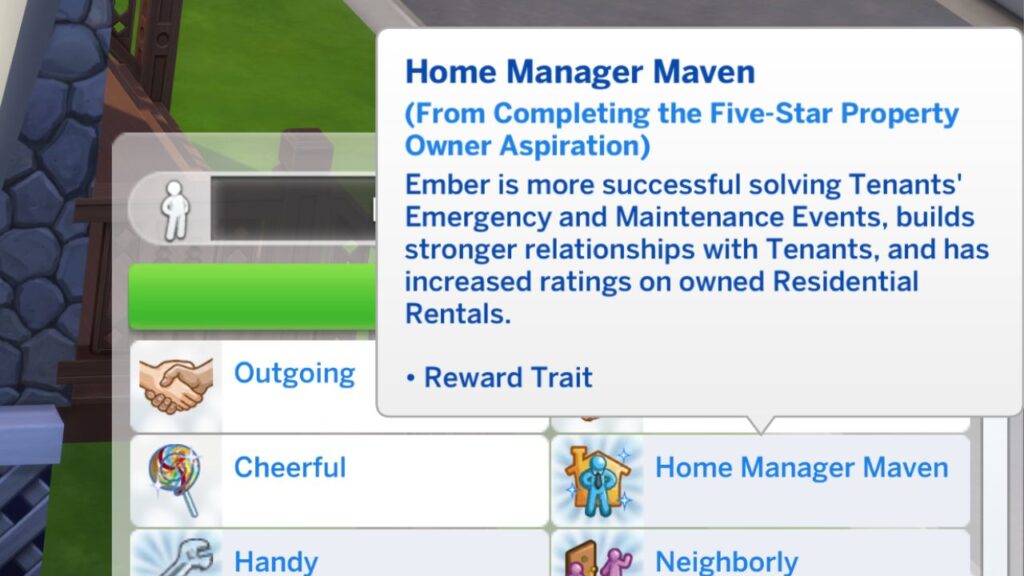 a screenshot from the sims 4 showing the home manager maven reward trait