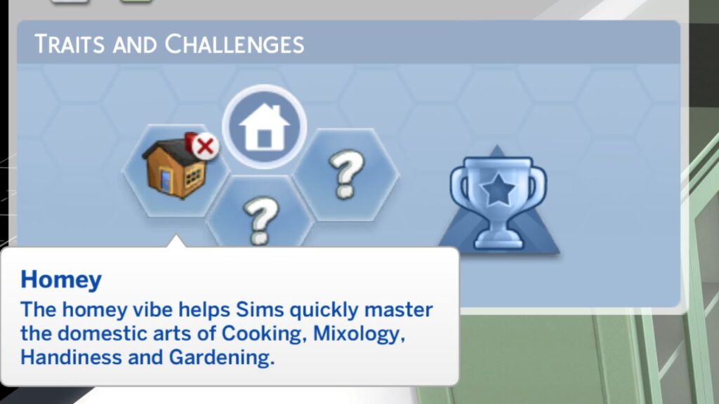 A screenshot from The Sims 4 showing the homey lot trait