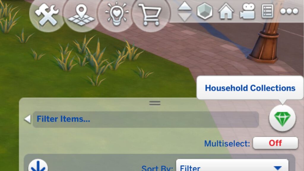 A screenshot from The Sims 4 showing how to find the household collections menu