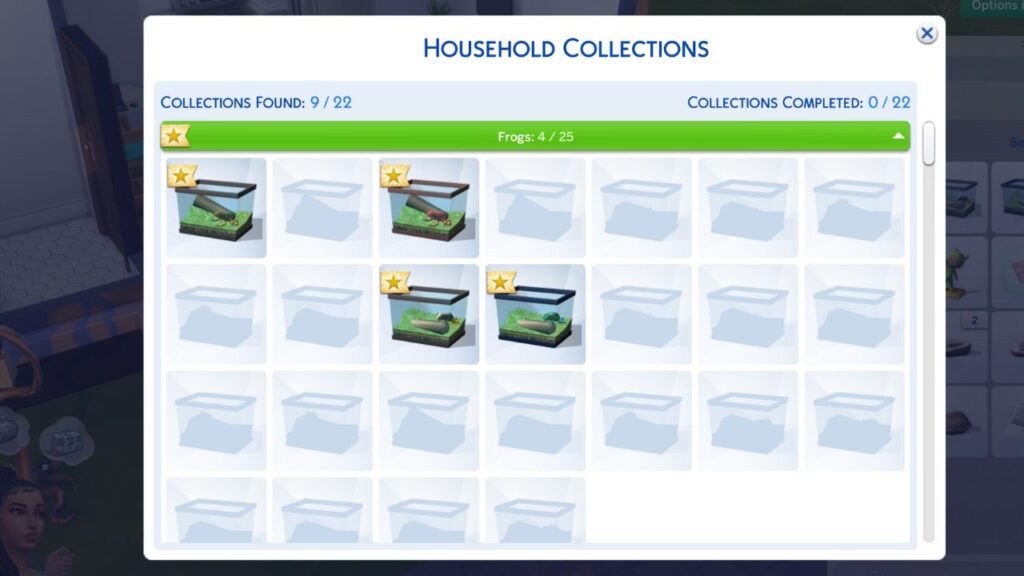 A screenshot from The Sims 4 showing the open household collections menu for the curator aspiration