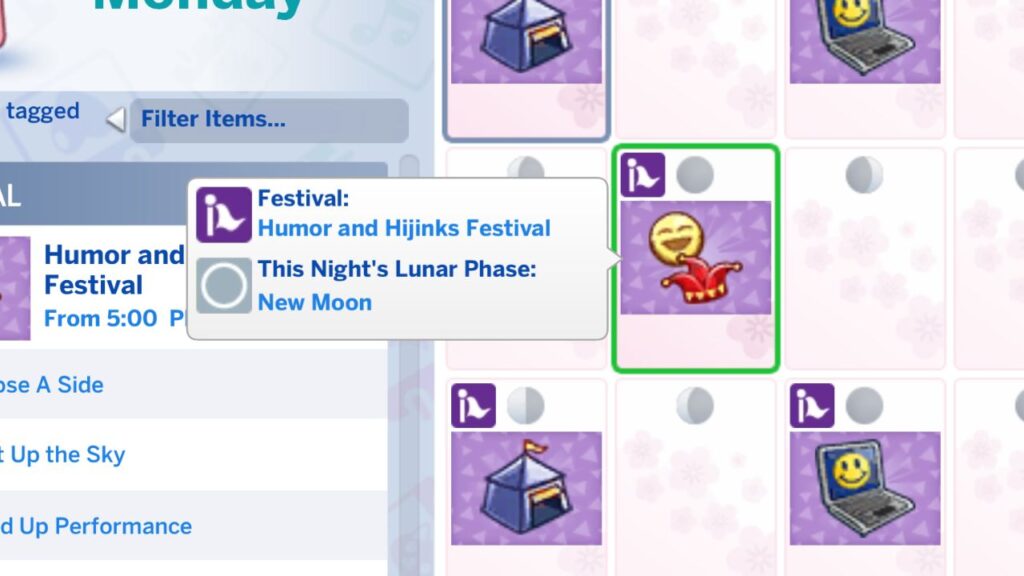 A screenshot from The Sims 4 showing a sim's household calendar with the humor and hijinks festival